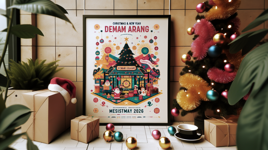 alt_text: Poster "Demam Arang" meriahkan Natal & Tahun Baru 2026 dengan dekorasi ceria dan warna hangat.