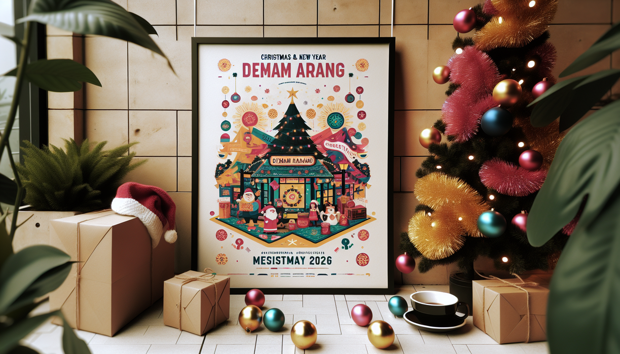 alt_text: Poster "Demam Arang" meriahkan Natal & Tahun Baru 2026 dengan dekorasi ceria dan warna hangat.