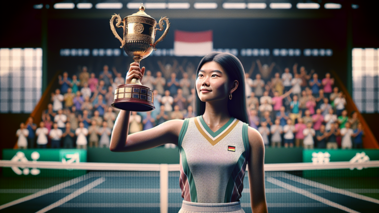 alt_text: Janice Tjen, ikon baru, mengangkat piala, melambangkan kebangkitan tenis Indonesia.