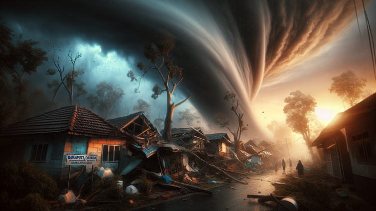 alt_text: Kerusakan parah di Situbondo akibat puting beliung, rumah-rumah hancur dan pohon tumbang.