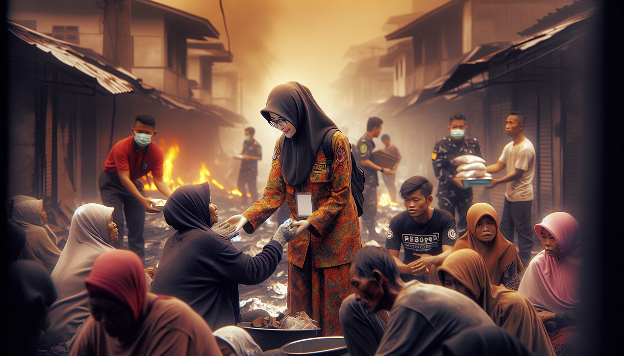 Alt_text: Warga berkumpul di depan pasar, sisa-sisa kebakaran masih terlihat, tatapan penuh haru.