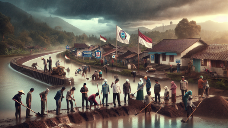 "alt_text": "Warga Desa Jombang bergotong royong membersihkan puing-puing pasca bencana alam."