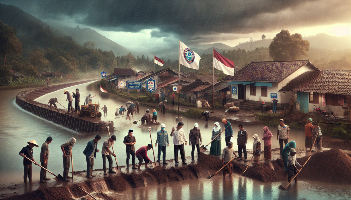 "alt_text": "Warga Desa Jombang bergotong royong membersihkan puing-puing pasca bencana alam."