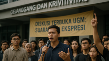 alt_text: Diskusi kampus tegang, mahasiswa debat hangat tentang isu dewasa dan pemikiran kritis.