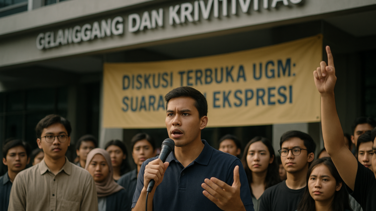 alt_text: Diskusi kampus tegang, mahasiswa debat hangat tentang isu dewasa dan pemikiran kritis.