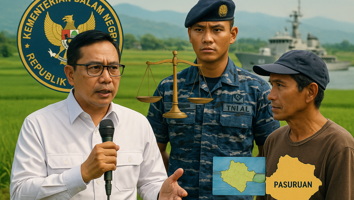 "alt_text": "Warga Pasuruan protes konflik lahan dengan TNI AL, bawa spanduk dan data tuntutan."