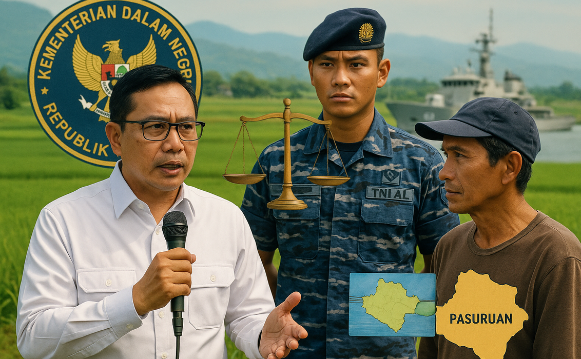"alt_text": "Warga Pasuruan protes konflik lahan dengan TNI AL, bawa spanduk dan data tuntutan."