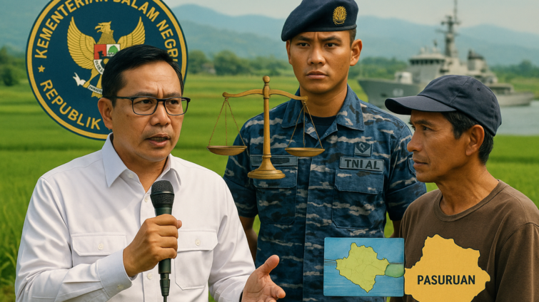 "alt_text": "Warga Pasuruan protes konflik lahan dengan TNI AL, bawa spanduk dan data tuntutan."