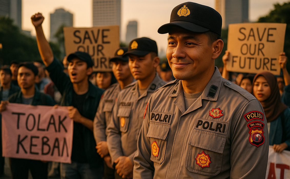 alt_text: Polri mengawal demonstrasi dengan pendekatan humanis di tengah situasi krisis.